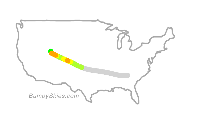 Map of continental US with illustrated flight path and turbulence forecast (described in text below)