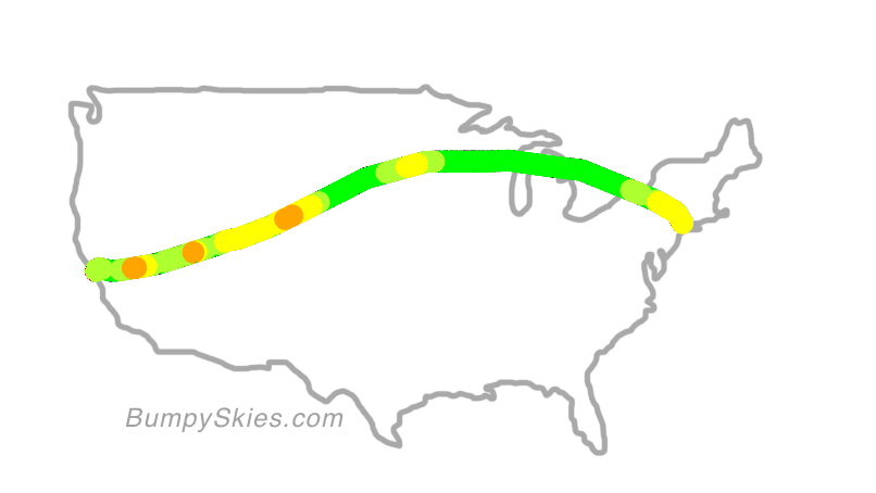 Map of continental US with illustrated flight path and turbulence forecast (described in text below)