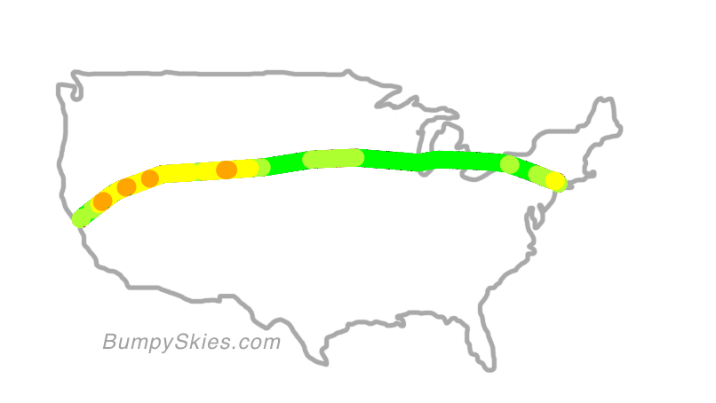 Map of continental US with illustrated flight path and turbulence forecast (described in text below)