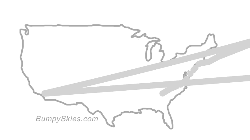 Map of continental US with illustrated flight path and turbulence forecast (described in text below)