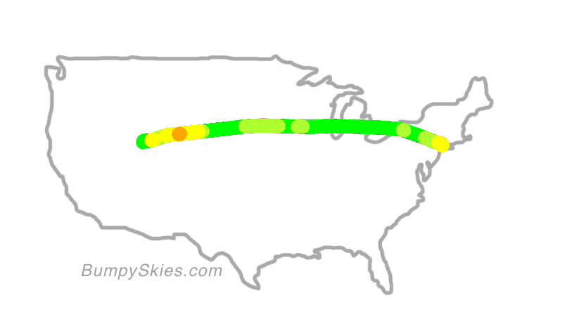 Map of continental US with illustrated flight path and turbulence forecast (described in text below)