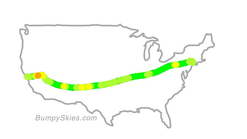 Map of continental US with illustrated flight path and turbulence forecast (described in text below)