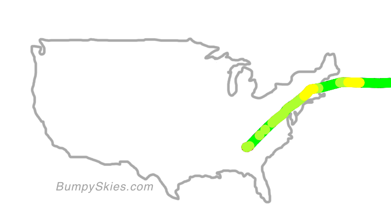 Map of continental US with illustrated flight path and turbulence forecast (described in text below)