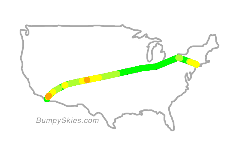 Map of continental US with illustrated flight path and turbulence forecast (described in text below)