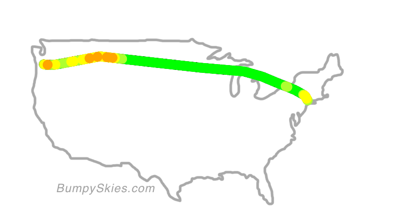 Map of continental US with illustrated flight path and turbulence forecast (described in text below)