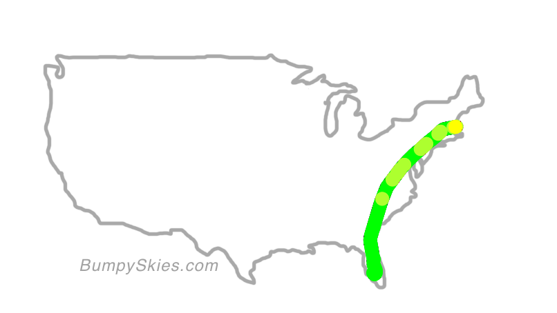 Map of continental US with illustrated flight path and turbulence forecast (described in text below)