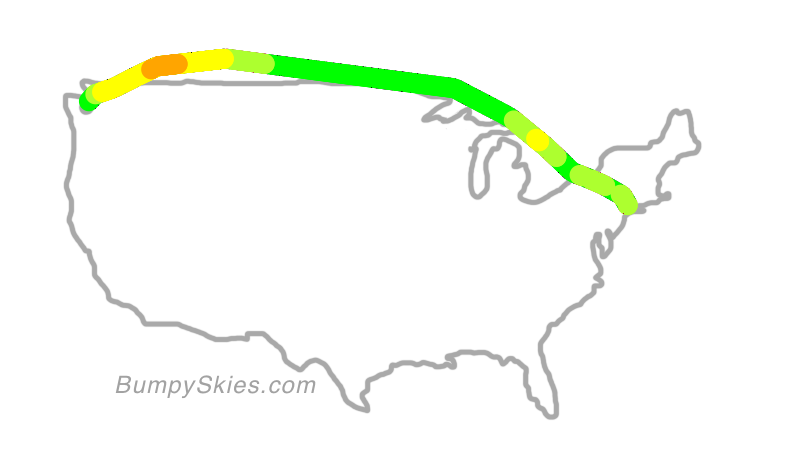 Map of continental US with illustrated flight path and turbulence forecast (described in text below)