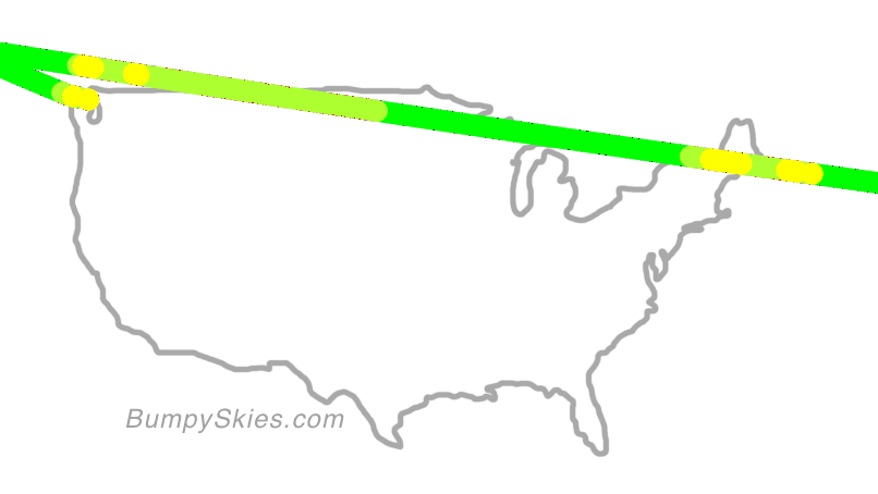 Map of continental US with illustrated flight path and turbulence forecast (described in text below)