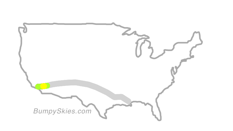 Map of continental US with illustrated flight path and turbulence forecast (described in text below)