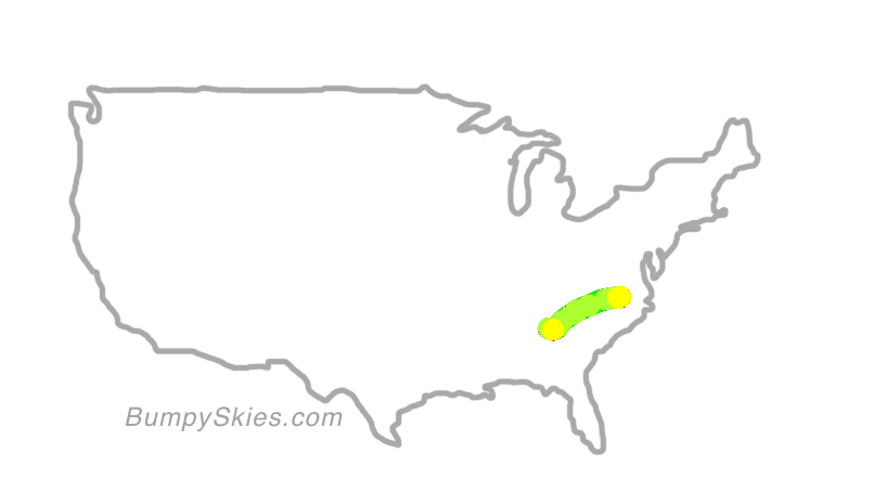 Map of continental US with illustrated flight path and turbulence forecast (described in text below)