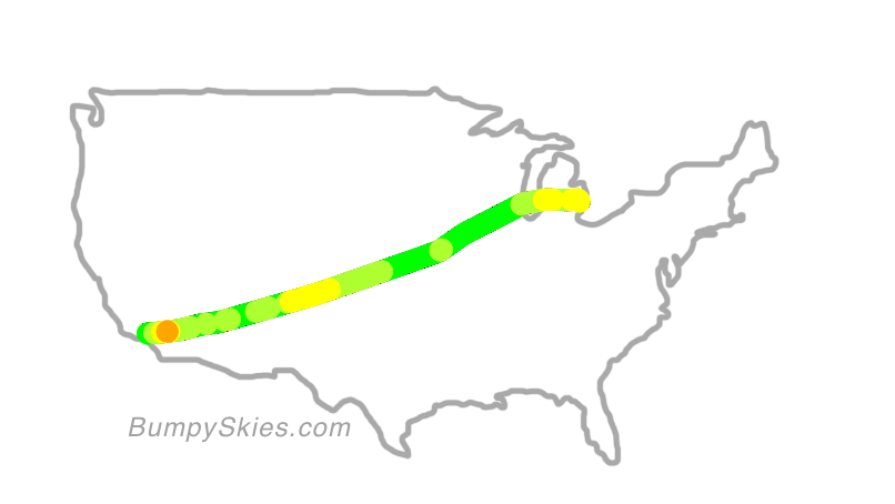 Map of continental US with illustrated flight path and turbulence forecast (described in text below)
