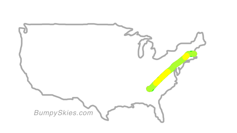 Map of continental US with illustrated flight path and turbulence forecast (described in text below)