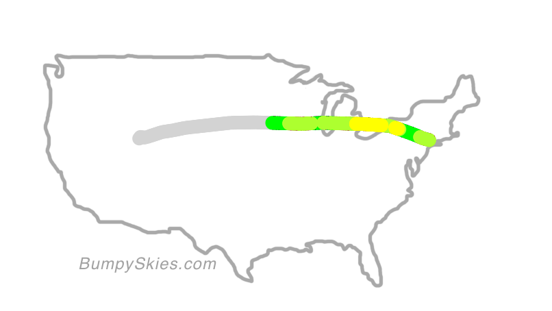 Map of continental US with illustrated flight path and turbulence forecast (described in text below)