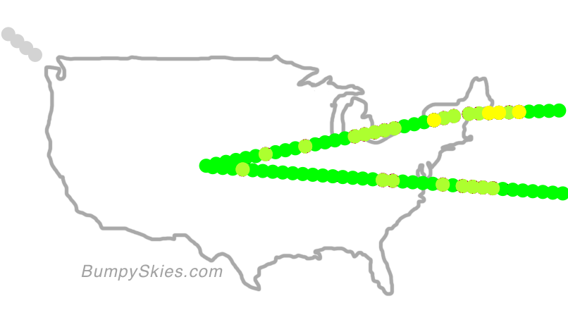 Map of continental US with illustrated flight path and turbulence forecast (described in text below)