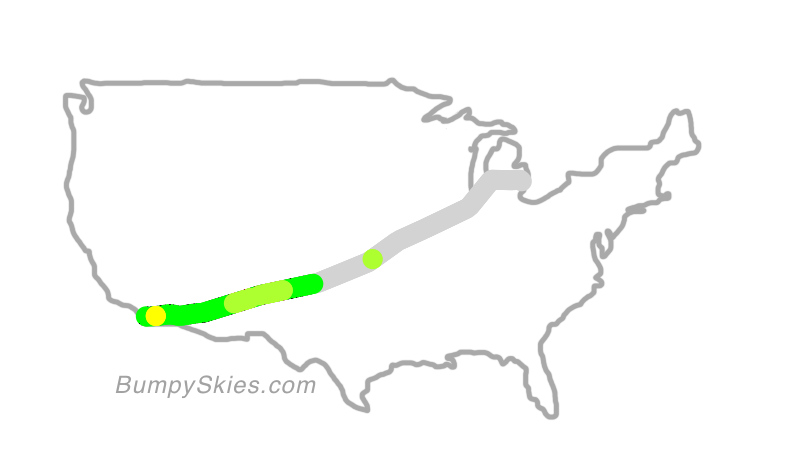 Map of continental US with illustrated flight path and turbulence forecast (described in text below)