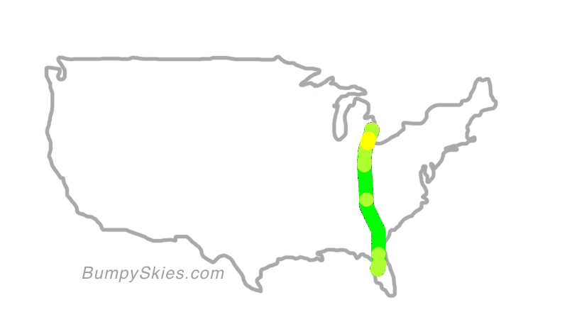 Map of continental US with illustrated flight path and turbulence forecast (described in text below)