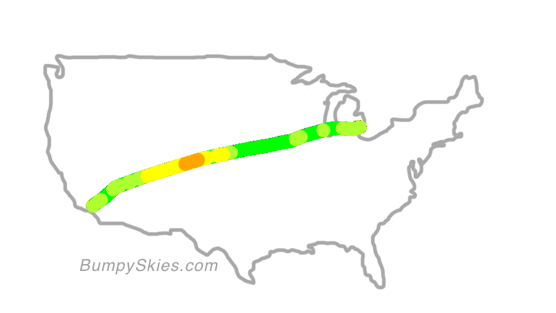 Map of continental US with illustrated flight path and turbulence forecast (described in text below)
