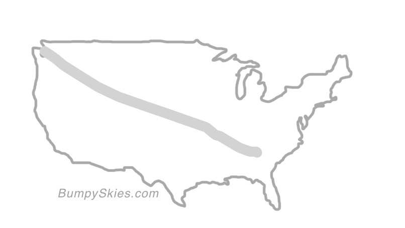 Map of continental US with illustrated flight path and turbulence forecast (described in text below)