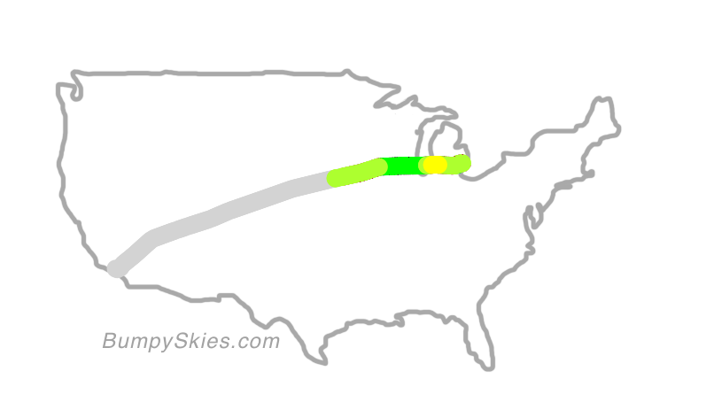 Map of continental US with illustrated flight path and turbulence forecast (described in text below)