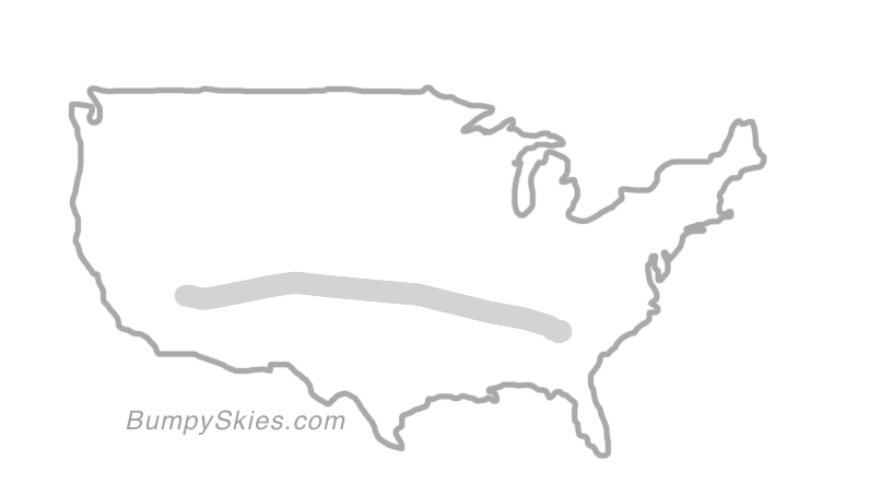 Map of continental US with illustrated flight path and turbulence forecast (described in text below)