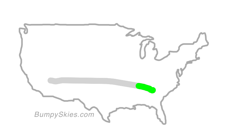 Map of continental US with illustrated flight path and turbulence forecast (described in text below)