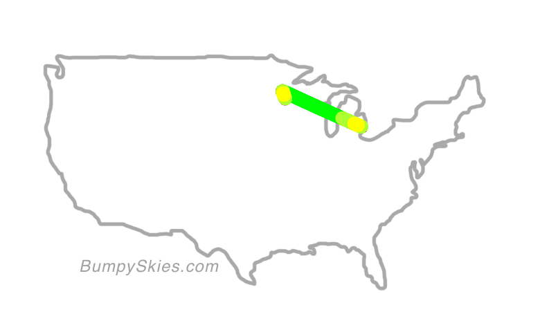 Map of continental US with illustrated flight path and turbulence forecast (described in text below)