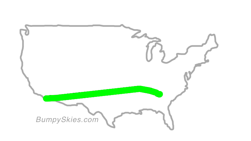 Map of continental US with illustrated flight path and turbulence forecast (described in text below)