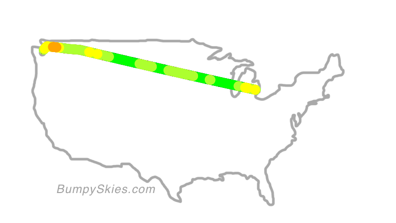 Map of continental US with illustrated flight path and turbulence forecast (described in text below)