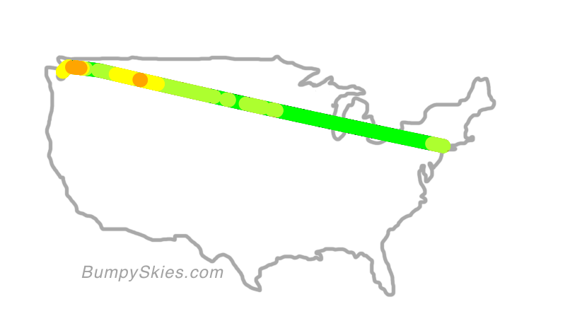 Map of continental US with illustrated flight path and turbulence forecast (described in text below)