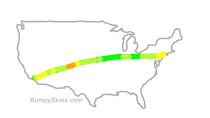 Map of continental US with illustrated flight path and turbulence forecast (described in text below)