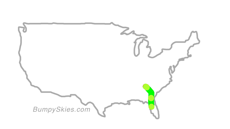 Map of continental US with illustrated flight path and turbulence forecast (described in text below)