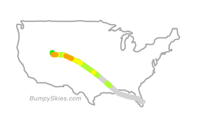 Map of continental US with illustrated flight path and turbulence forecast (described in text below)