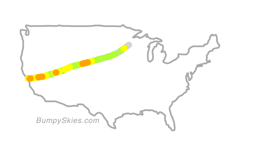 Map of continental US with illustrated flight path and turbulence forecast (described in text below)