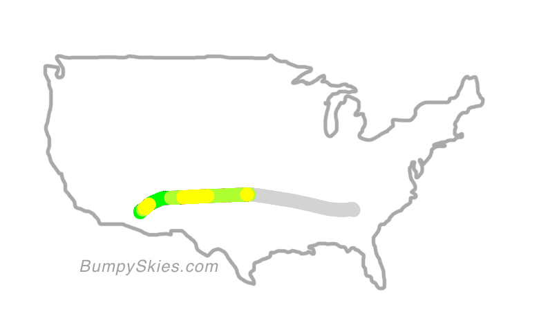 Map of continental US with illustrated flight path and turbulence forecast (described in text below)