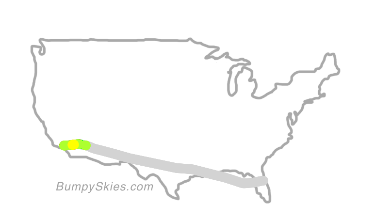 Map of continental US with illustrated flight path and turbulence forecast (described in text below)