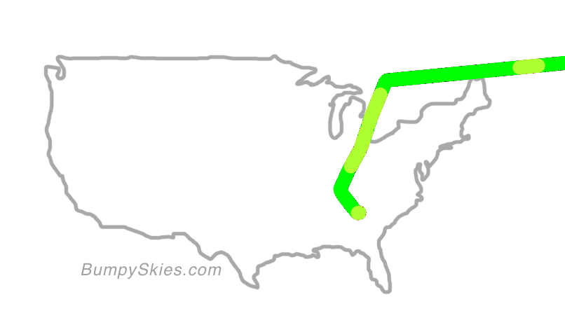 Map of continental US with illustrated flight path and turbulence forecast (described in text below)