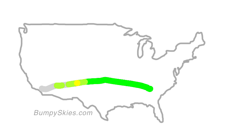 Map of continental US with illustrated flight path and turbulence forecast (described in text below)
