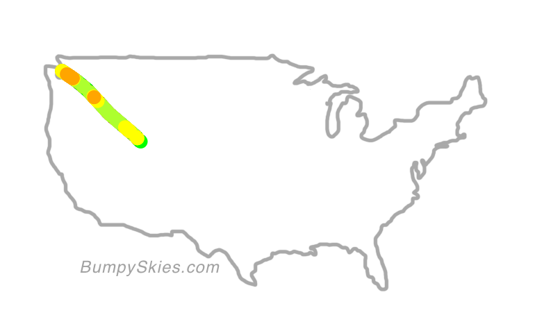 Map of continental US with illustrated flight path and turbulence forecast (described in text below)