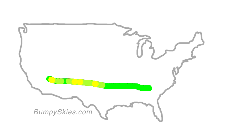 Map of continental US with illustrated flight path and turbulence forecast (described in text below)