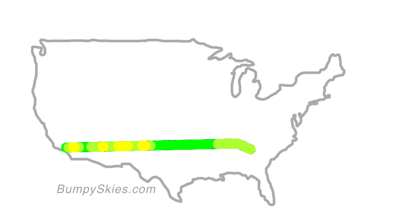 Map of continental US with illustrated flight path and turbulence forecast (described in text below)