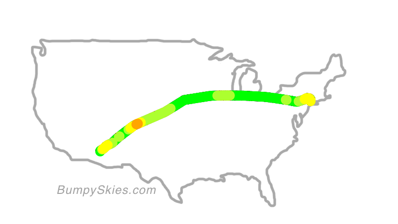 Map of continental US with illustrated flight path and turbulence forecast (described in text below)