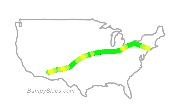 Map of continental US with illustrated flight path and turbulence forecast (described in text below)
