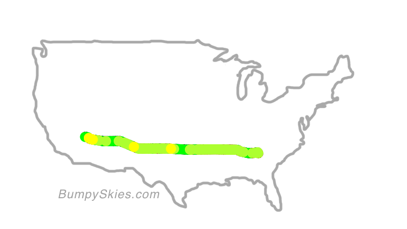 Map of continental US with illustrated flight path and turbulence forecast (described in text below)
