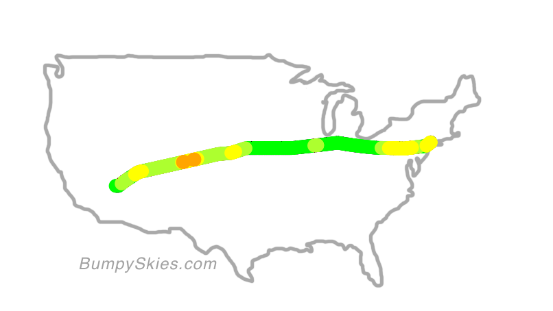 Map of continental US with illustrated flight path and turbulence forecast (described in text below)
