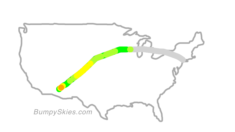 Map of continental US with illustrated flight path and turbulence forecast (described in text below)