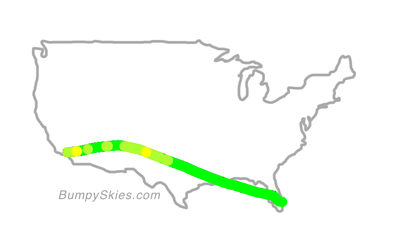 Map of continental US with illustrated flight path and turbulence forecast (described in text below)