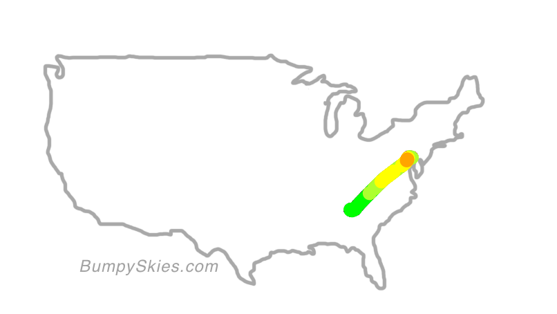 Map of continental US with illustrated flight path and turbulence forecast (described in text below)