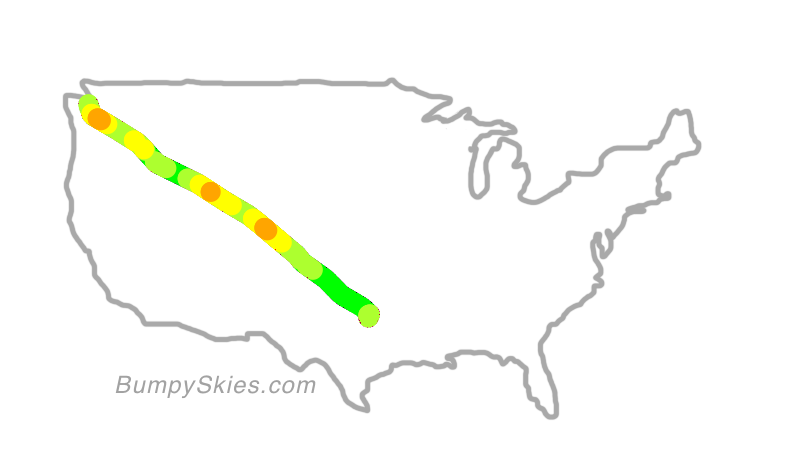 Map of continental US with illustrated flight path and turbulence forecast (described in text below)
