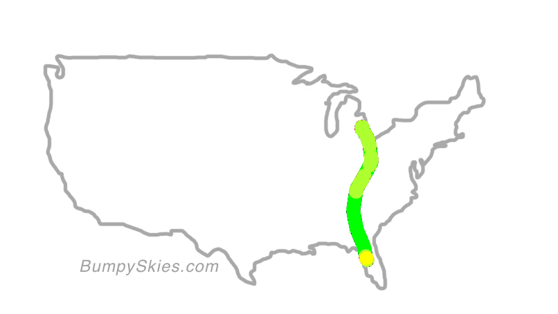 Map of continental US with illustrated flight path and turbulence forecast (described in text below)