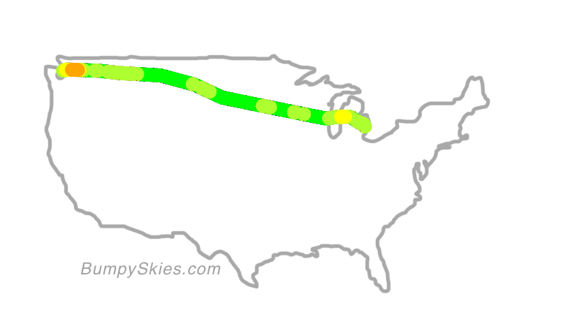 Map of continental US with illustrated flight path and turbulence forecast (described in text below)